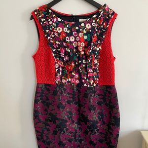 Purple and red flower printed Boden dress with crochet detail